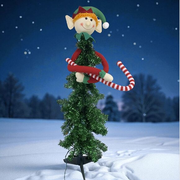 LIGHTED ELF -- Christmas, 40" Tall, Elf w/Candy Cane, Lighted Tree, Never Used - Picture 1 of 7
